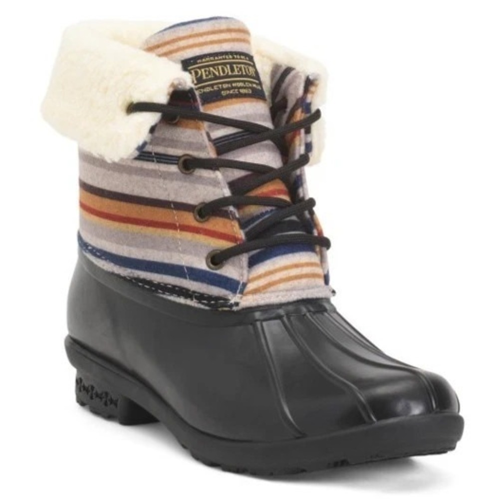 Pendleton Bridger Stripe Mid Duck Waterproof Boots Women Sz 8 Black Striped
